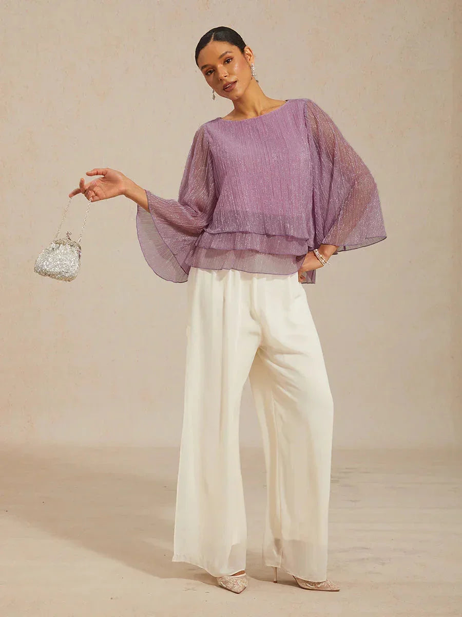 Metallic Pleated Chiffon Asymmetrical Layered Blouse