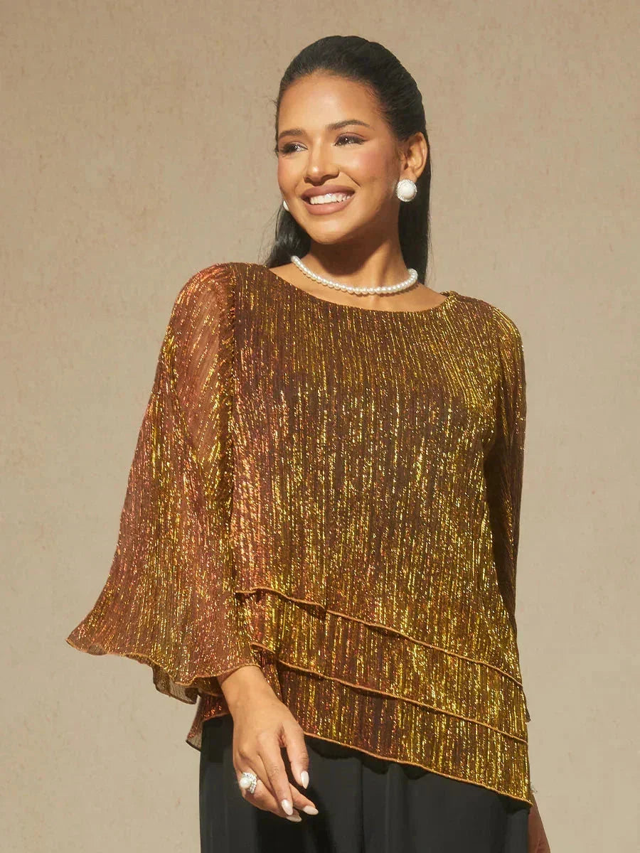 Metallic Pleated Chiffon Asymmetrical Layered Blouse
